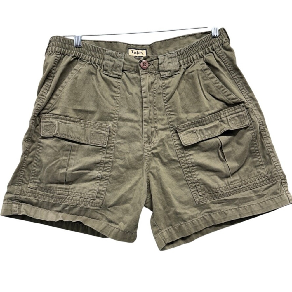 Talos Mens Cargo Shorts Size 38 Olive Green Cotton Elastic Waist Utility Hiking